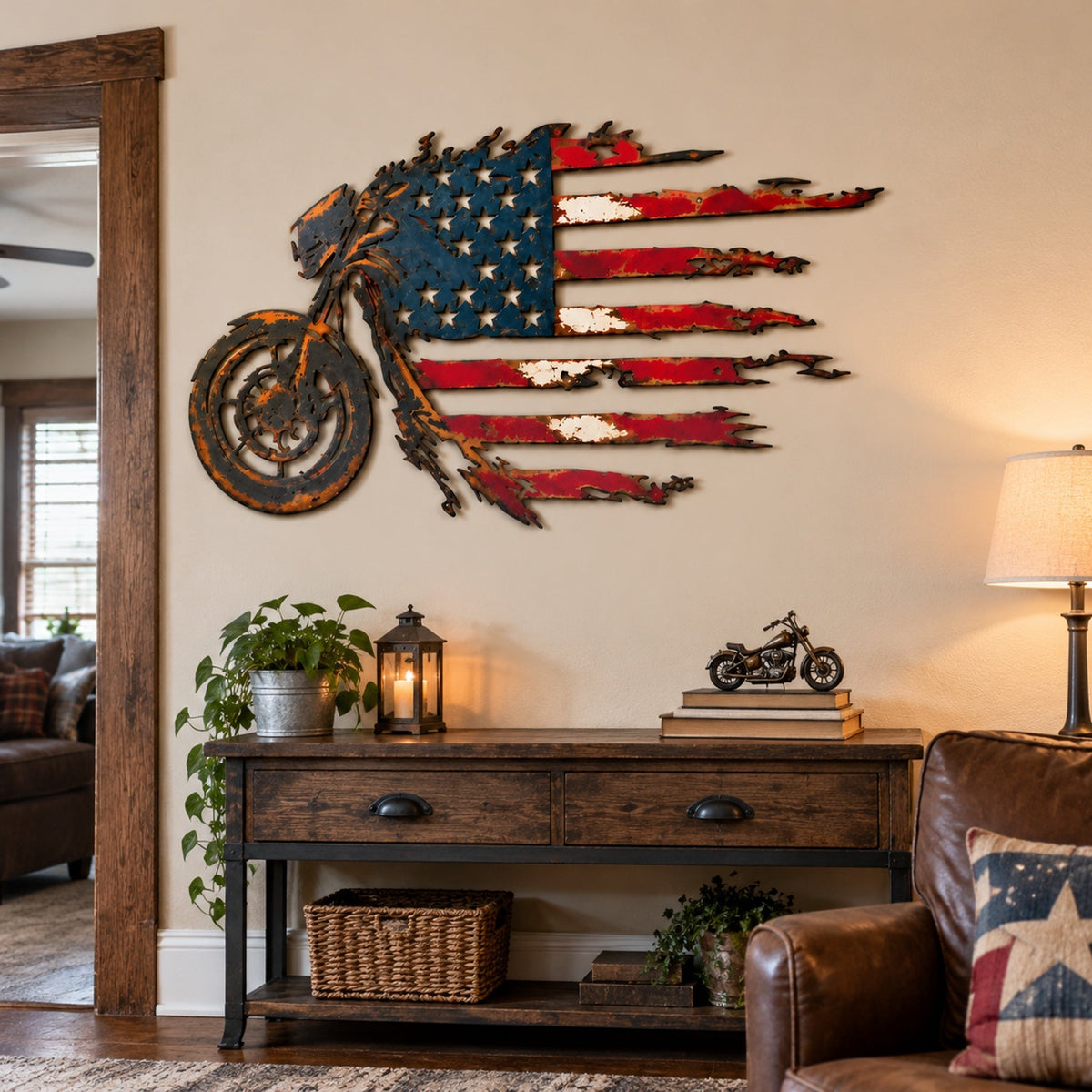ποΈπΊπΈ American Flag Motorcycle Metal Wall Art β A Bold Tribute to Freedom & the Open Road