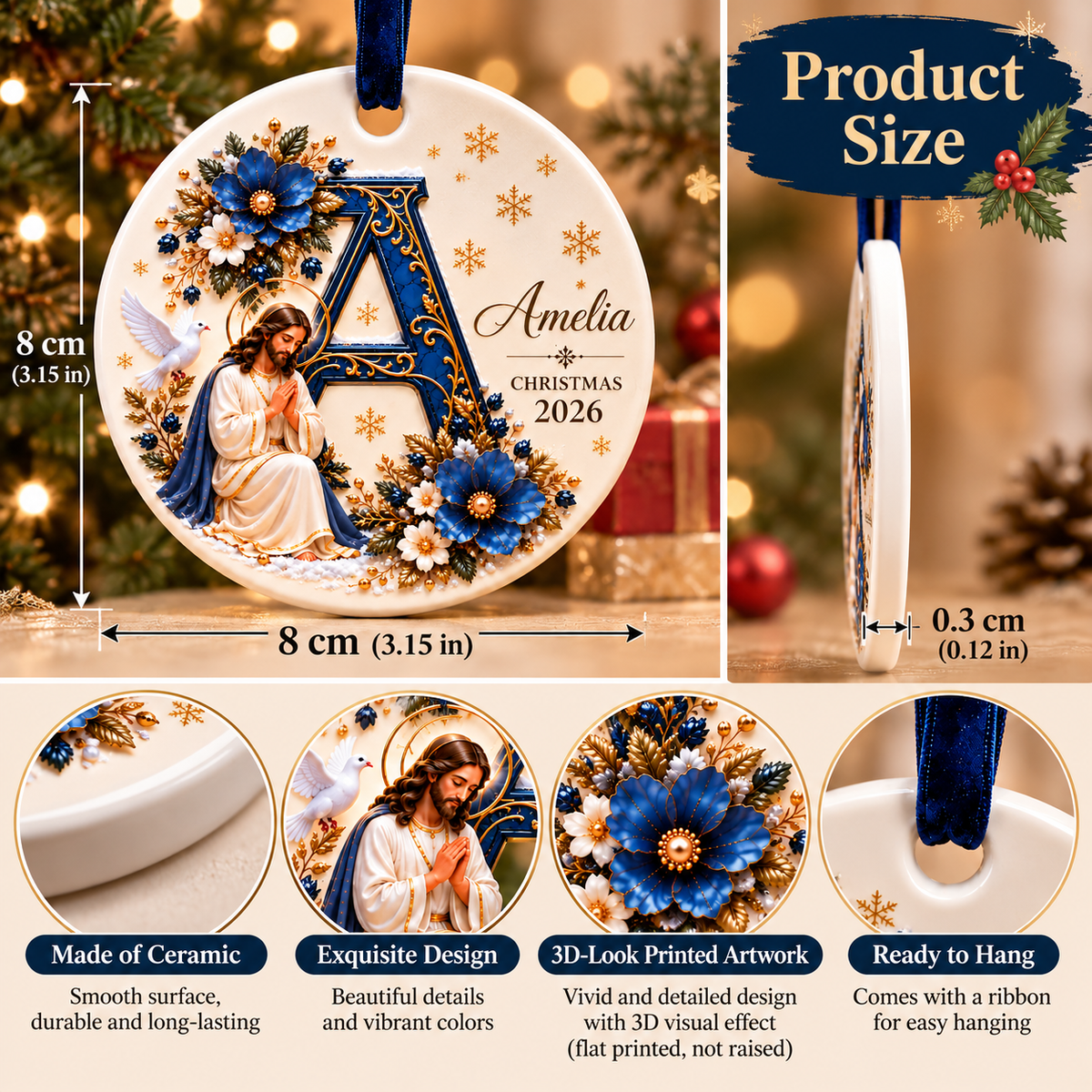 βοΈ Personalized Christian Initial Christmas Ornament β Custom Name Ceramic Keepsake π