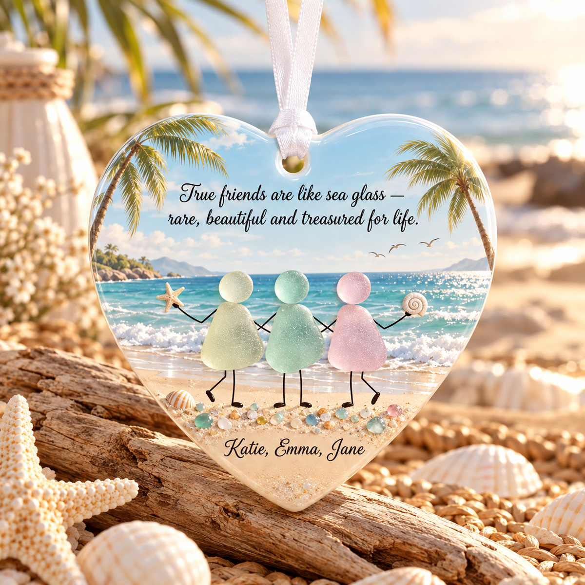 π Personalized Sea Glass Friendship Heart Ornament