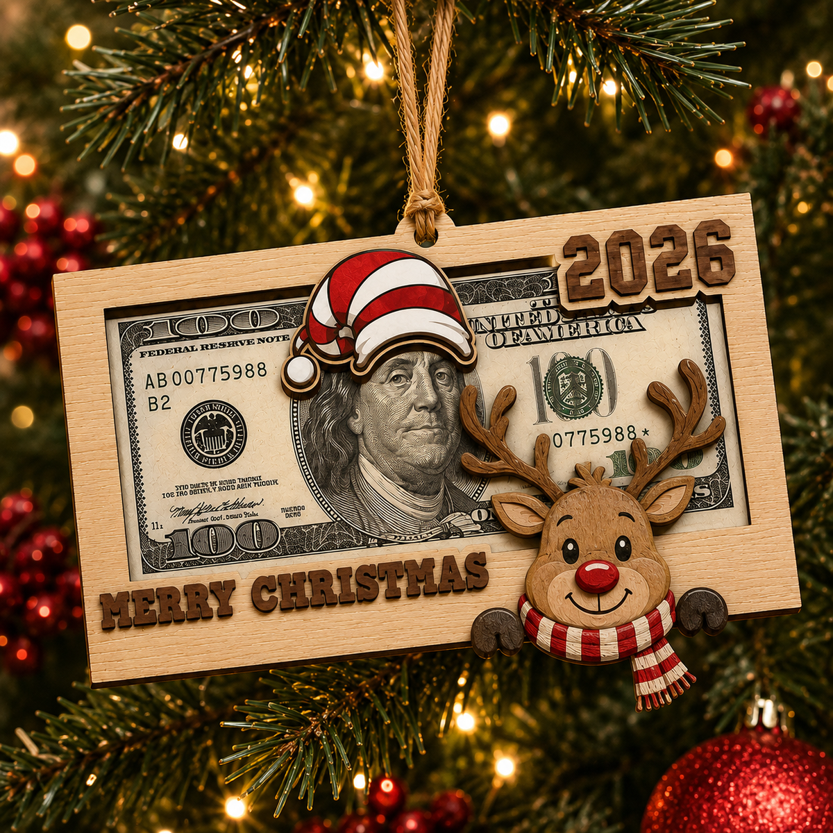 π Wooden Christmas Money Holder Ornament β 2026 Cash Gift Frame with Festive Characters