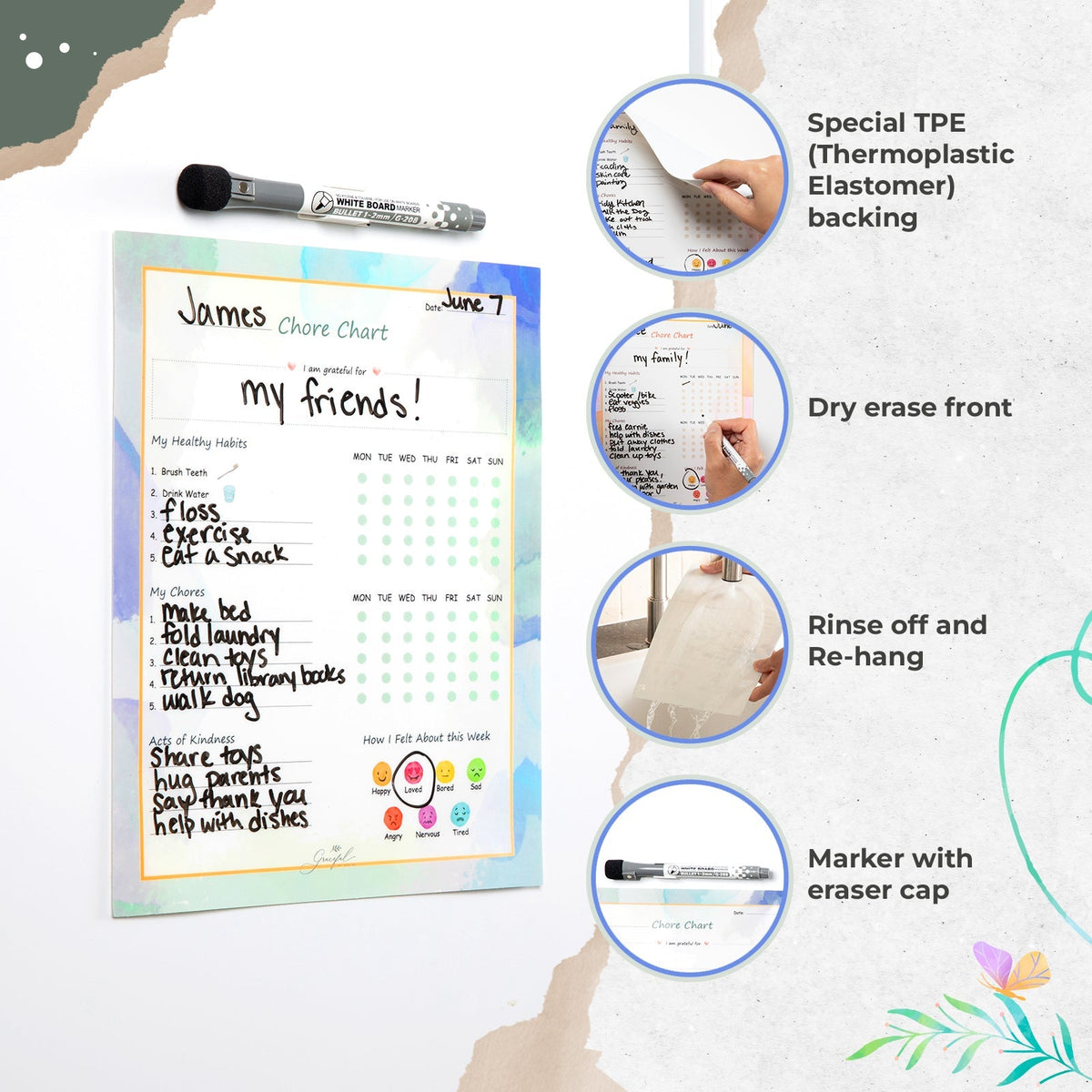 🌈Flexible Stick Weekly Chore Chart and Emotion Tracker for Kids👦👧🏽