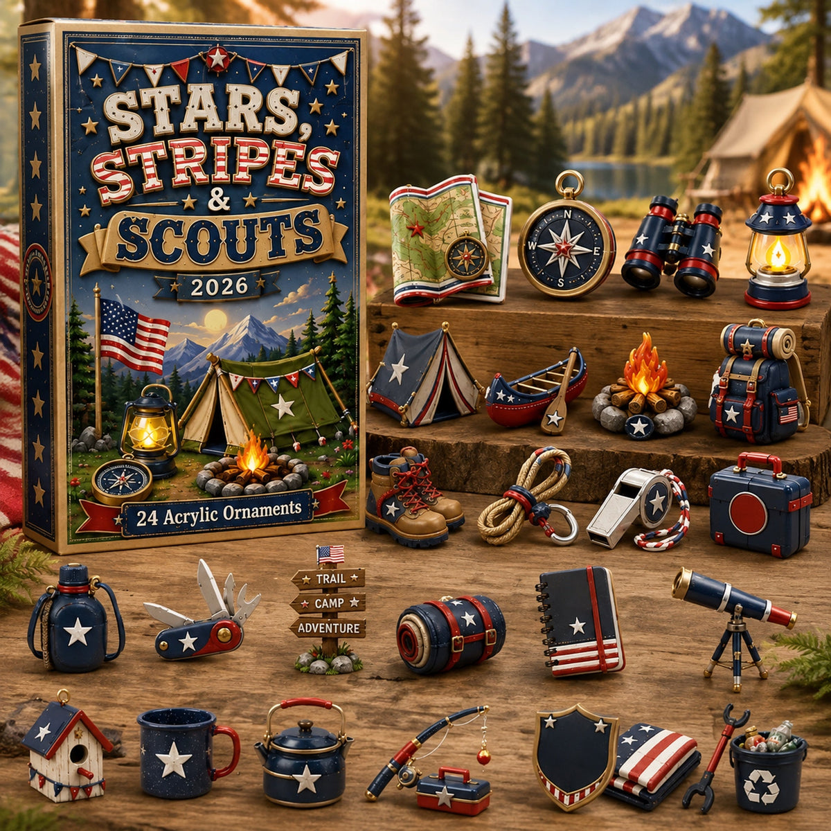Stars Stripes Camping  Advent Calendar 2026 - 24-Day Festive Countdown, Acrylic Charms Blind Box