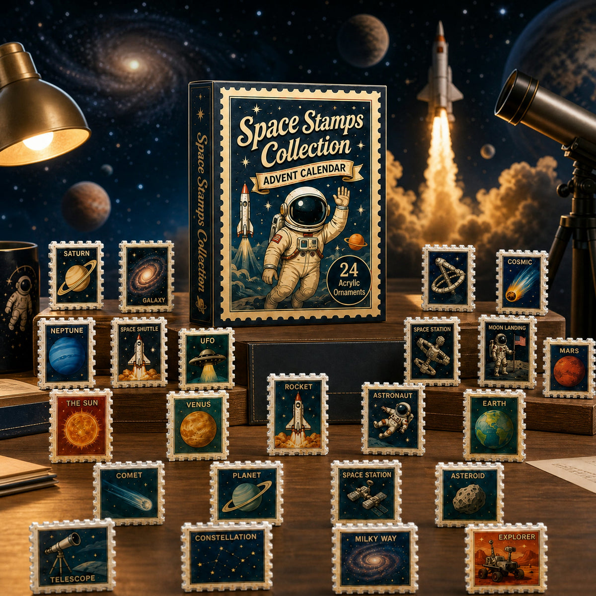 Space Stamps Collection Advent Calendar 2026 - 24-Day Festive Countdown, Acrylic Charms Blind Box