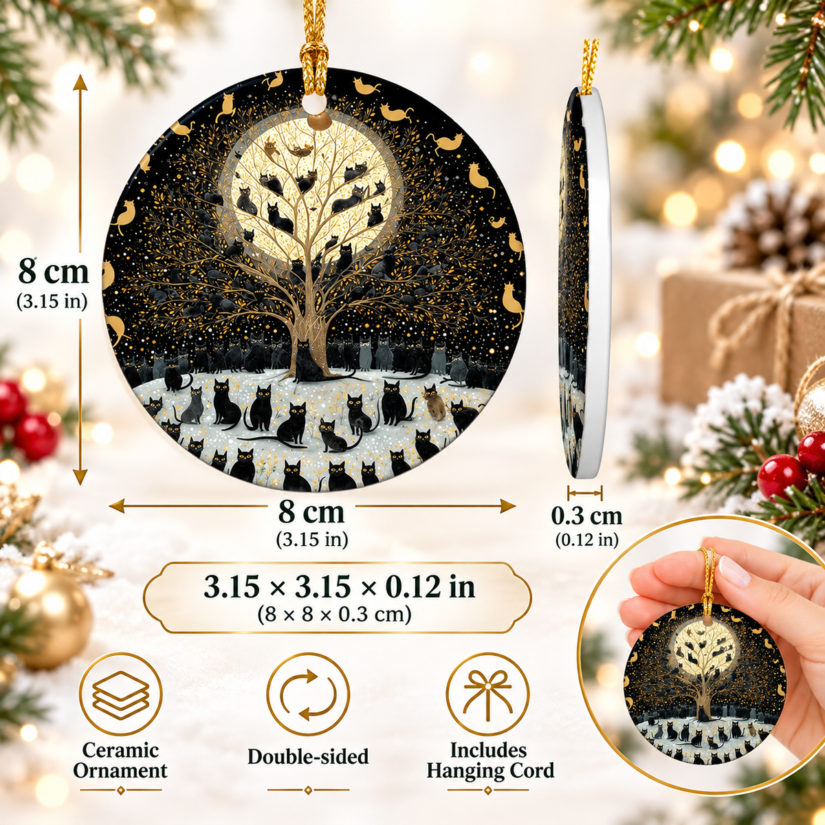 🐈‍⬛🌕 Moonlit Black Cats Tree of Life Ceramic Ornament
