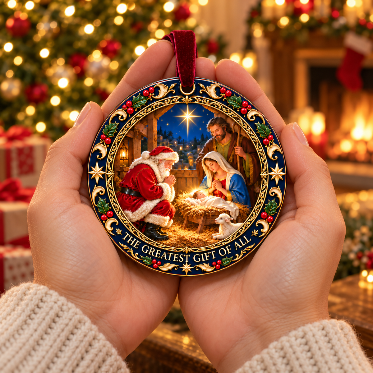 🎄❤️ The Greatest Gift of All – Santa & Baby Jesus Christmas Ornament ✝️