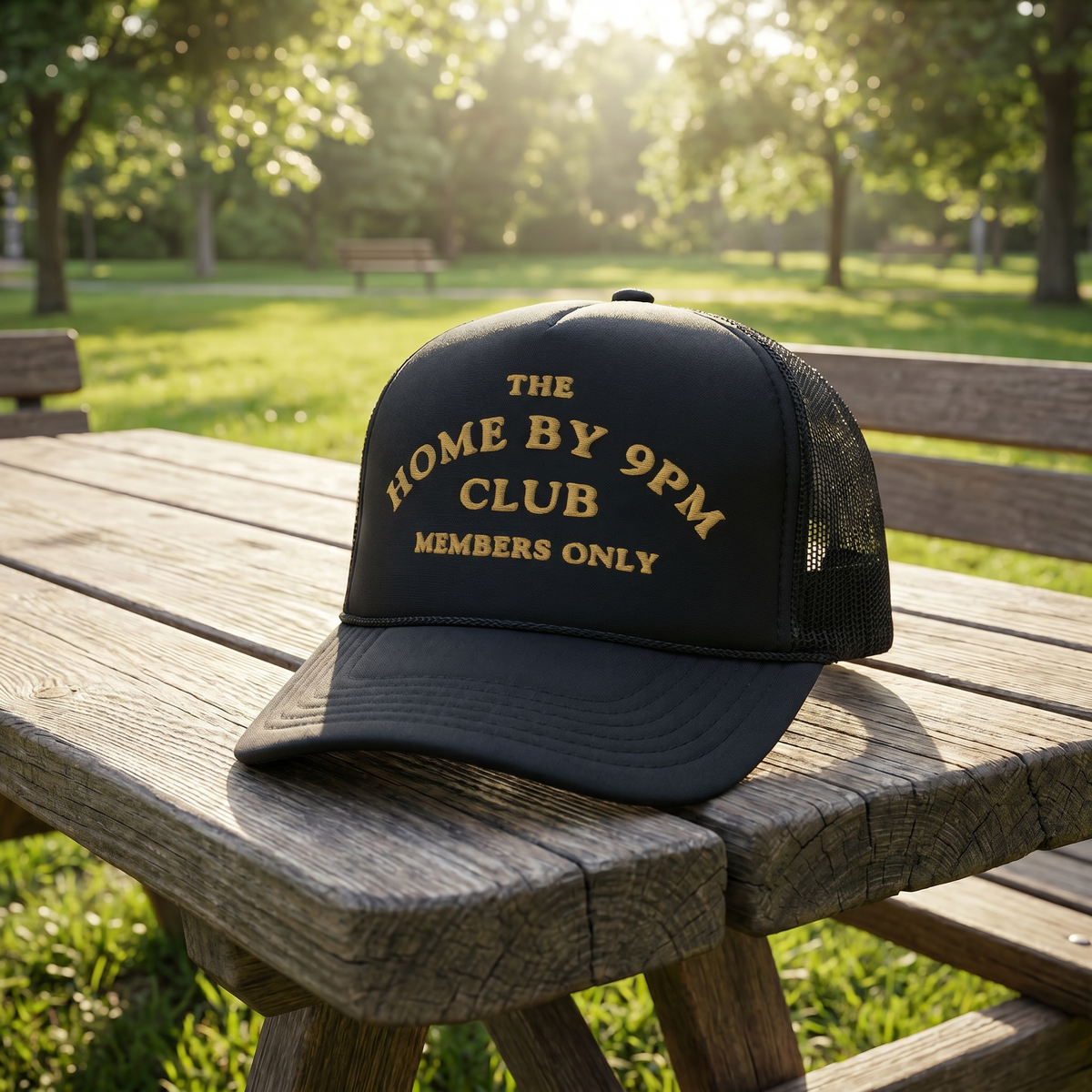 🧢 “THE HOME BY 9PM CLUB” Trucker Hat — Members Only Energy