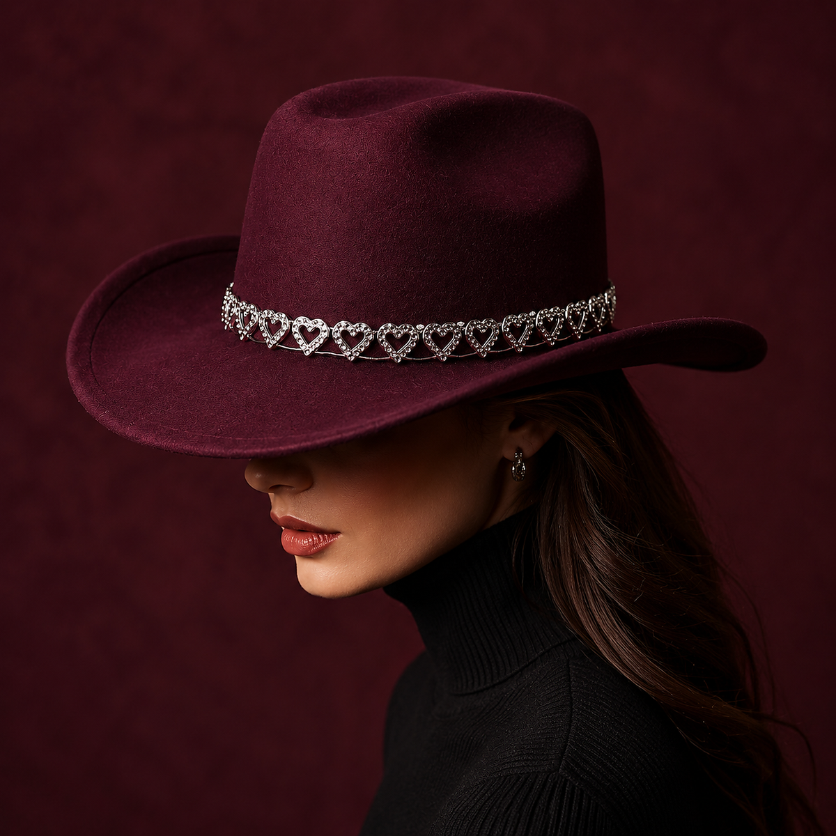 Women's Classic Wide Brim Western Cowboy Hat with Heart Chain